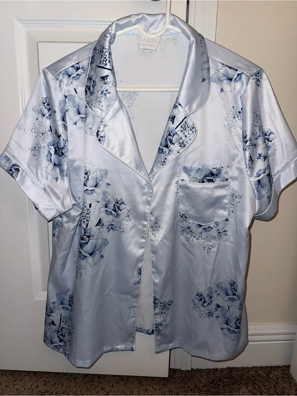 Satin Floral Short Sleeve Pajama Set - Light Blue